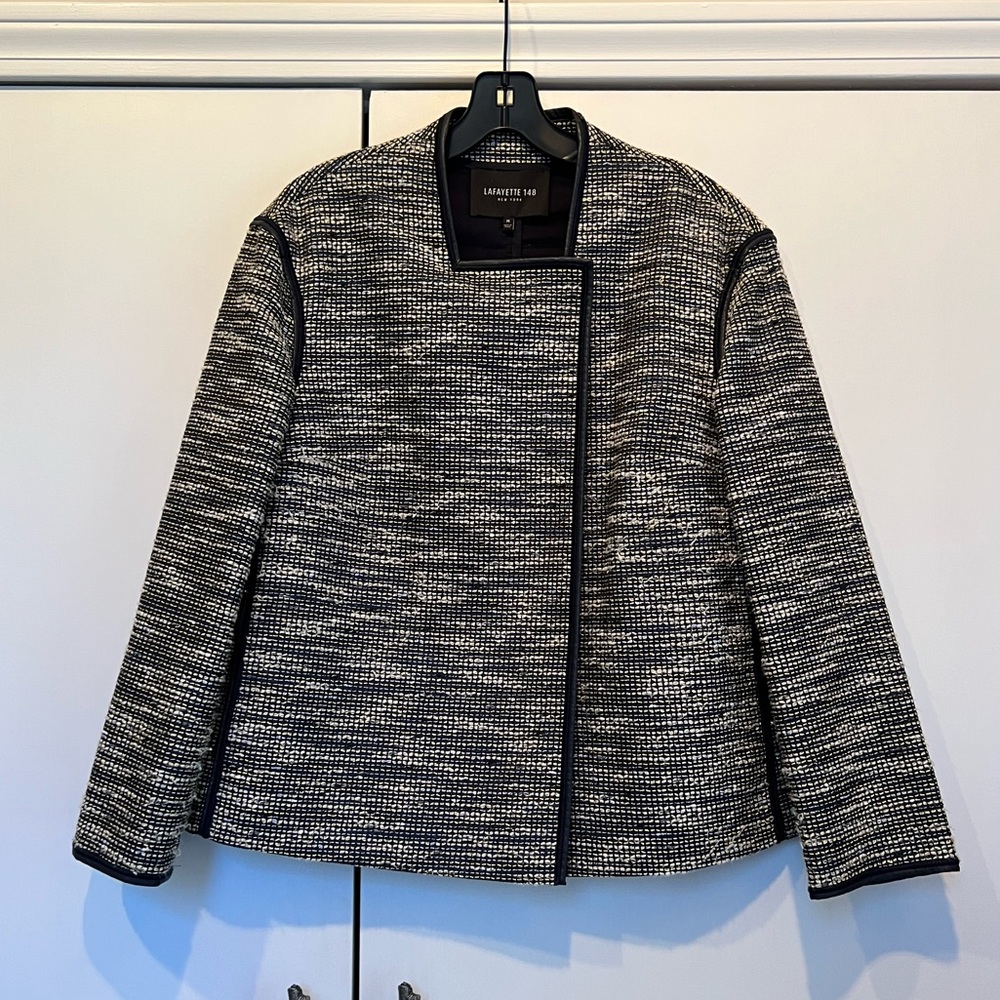 Lafayette 148 Navy melange jacket; leather trim. Size M